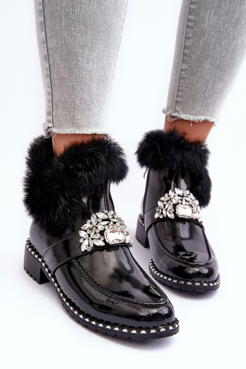 Lakierowane Botki Z Ozdobą I Futerkiem S.Barski MR870-73 Czarne