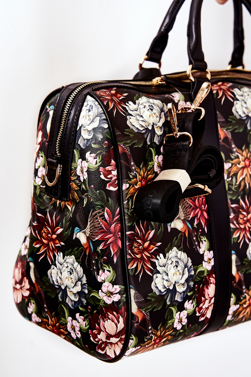 Duża Torba Podróżna NOBO M3150-CM20 Kwiaty Czarna