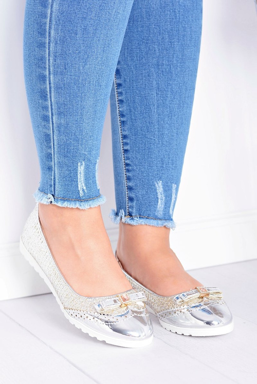 Damskie Srebrne Wsuwane Balerinki Z Kokardką Cleoss