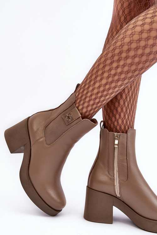 Skórzane Damskie Botki Na Obcasie Lemar Brązowe Kodra