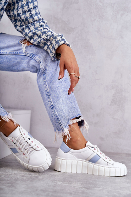 Damskie Skórzane Buty Sportowe Wiązane Biało-Niebieskie Ariva