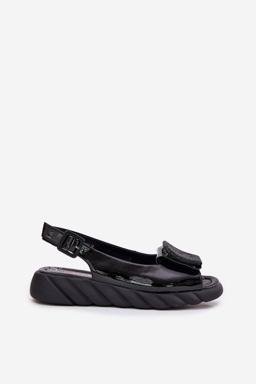 Skórzane Lakierowane Sandały Damskie Na Koturnie z Ozdobą Artiker 56C1564 Czarne