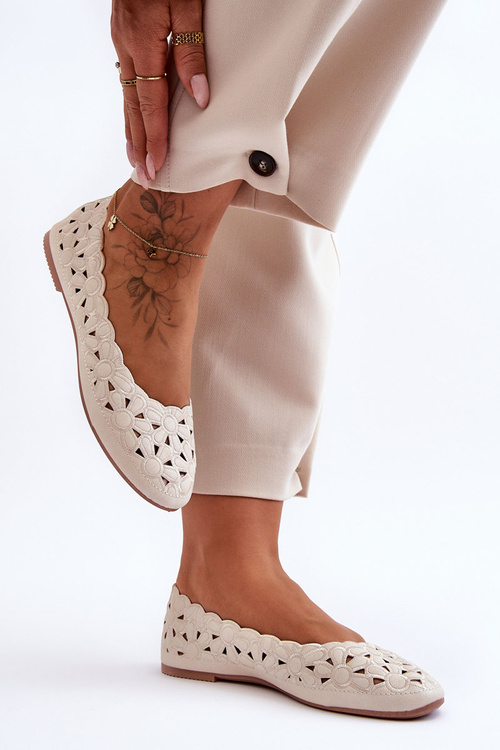 Ażurowe Błyszczące Baleriny Damskie Beżowe Visionary