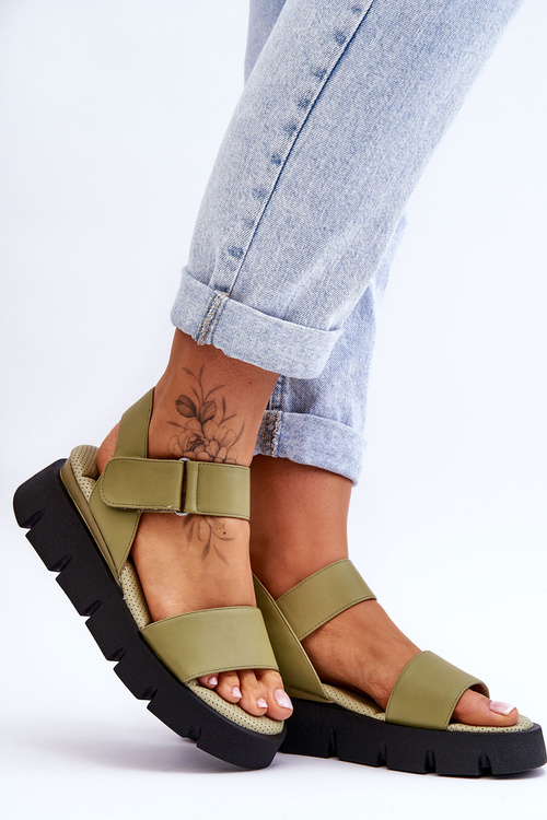 Damskie Skórzane Sandały Na Platformie Zielone Katte