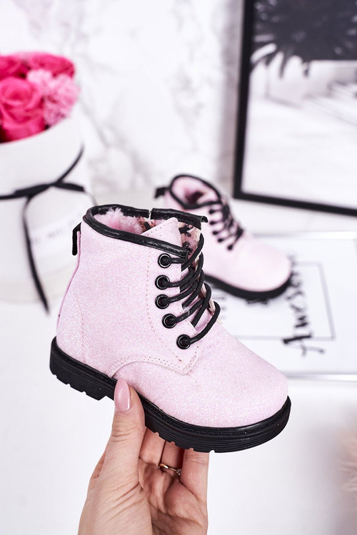 Dziecięce Brokatowe Ocieplane Botki Traperki Różowe Ariel