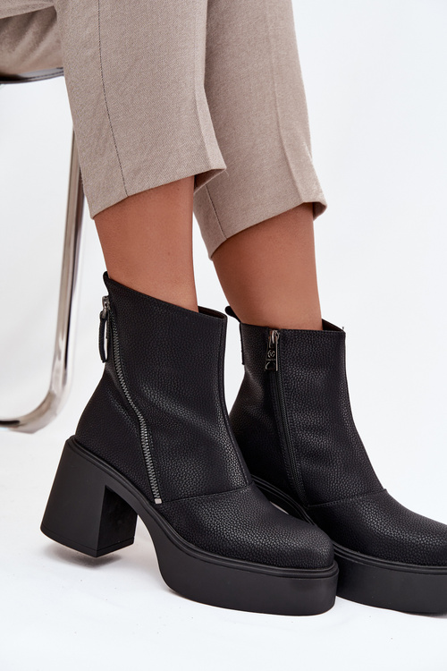 Skórzane Ocieplane Botki Damskie Na Słupku I Platformie Vinceza 66831 Czarne