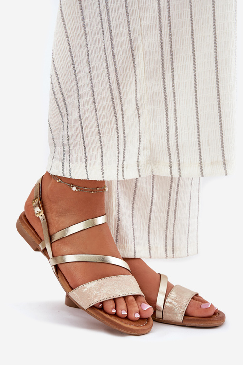 Skórzane Sandały Damskie Na Płaskim Obcasie Maciejka 06966-25 Złote