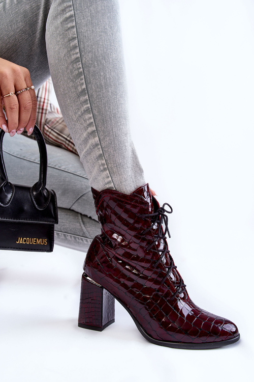 Damskie Lakierowane Botki Na Obcasie Krokodyli Wzór Bordowe Alva