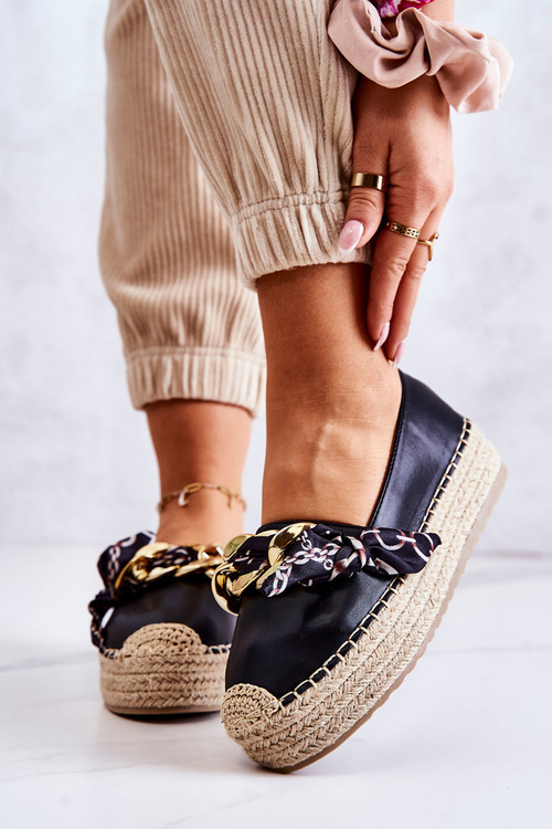 Skórzane Damskie Espadryle Z Łańcuchem Czarne Fancy