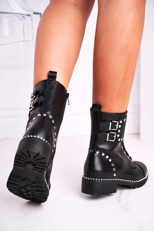 Botki Damskie Ciepłe Srebrne Nity Czarne Freed