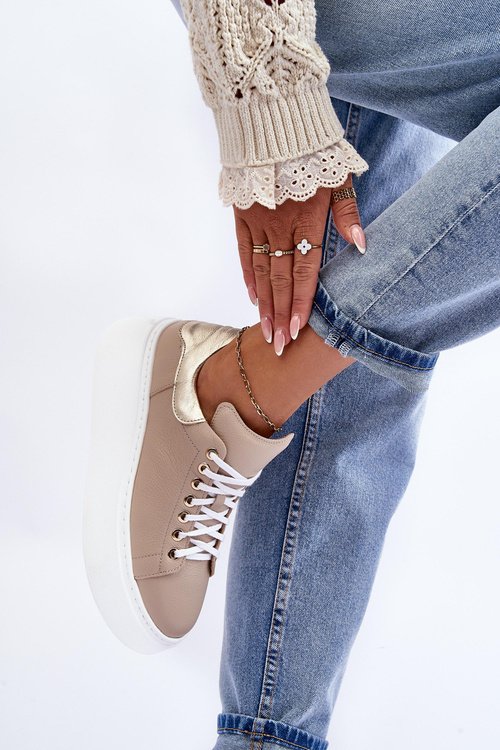 Damskie Buty Sportowe Skórzane na Platformie Beżowe Lemar 10150