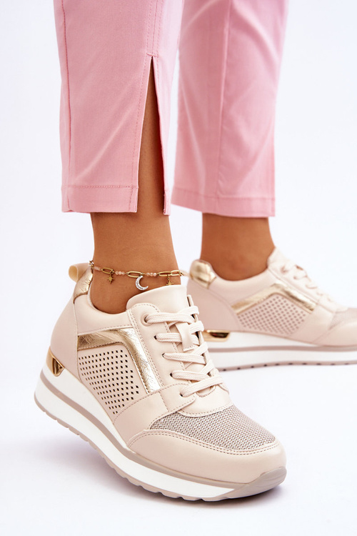 Skórzane Buty Sportowe Na Niewysokim Koturnie Beżowe Braylen