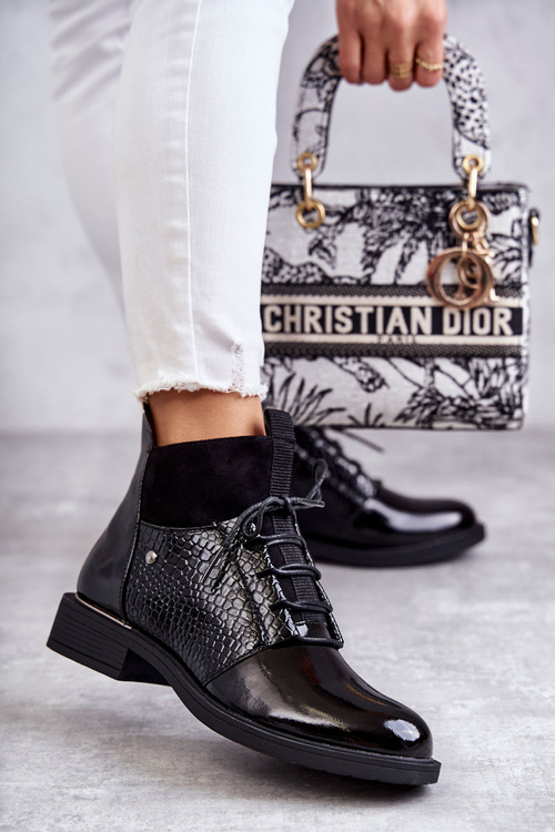 Lakierowane Ocieplane Botki Sznurowane Czarne Cathrine