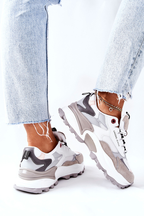 Sportowe Damskie Buty Cross Jeans Biało Szare II2R4020C