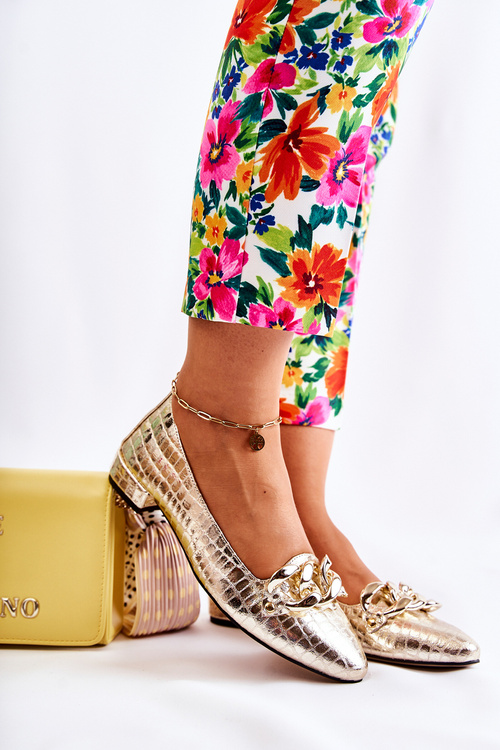 Skórzane Lakierowane Wężowe Czółenka Złote Elissabeth