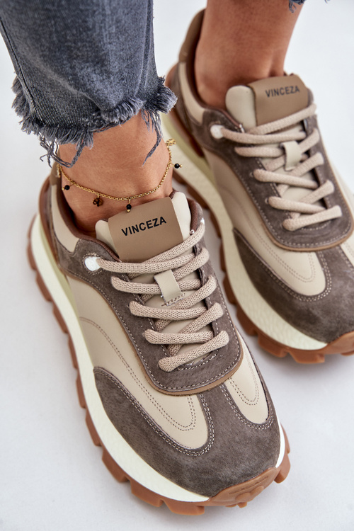 Sneakersy Damskie Na Platformie Ze Skóry Naturalnej Vinceza 41465 Beżowe