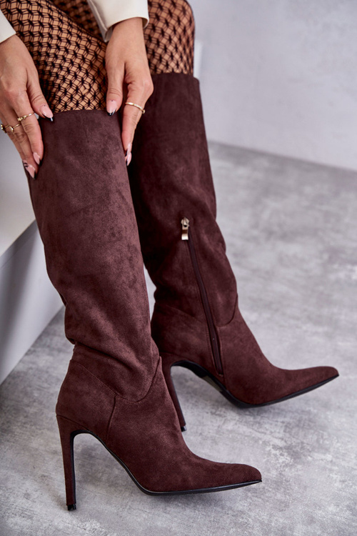 Klasyczne Zamszowe Kozaki Na Szpilce Brązowe Ameya