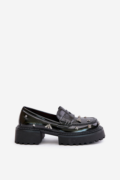 Skórzane Lakierowane Półbuty Damskie Z Ozdobami D&A MR880-103 Czarne