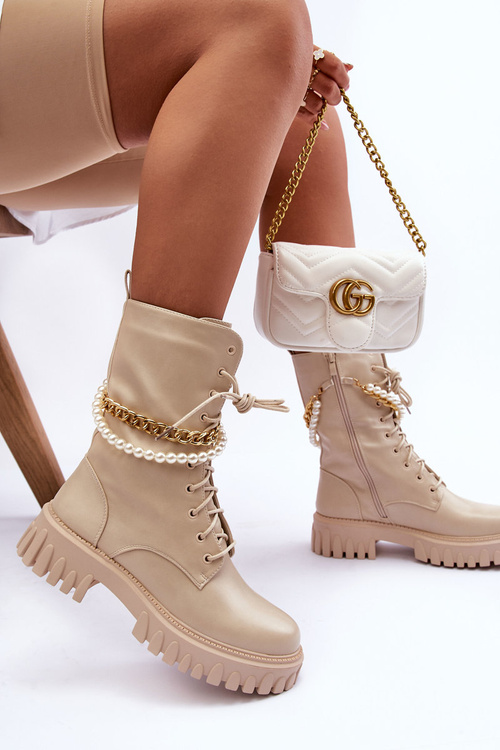 Skórzane Wysokie Workery Z Łańcuszkiem Beżowe Nameer