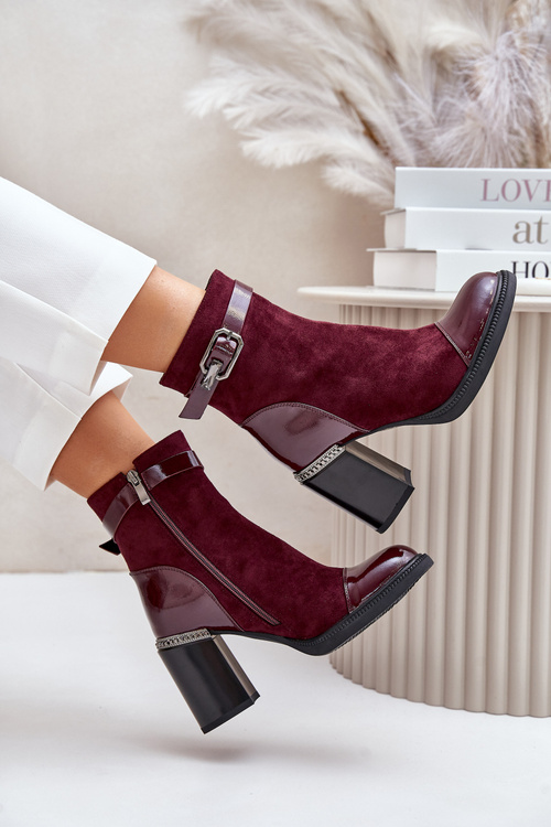 Botki Damskie Ocieplane Na Obcasie Słupku Z Ozdobną Klamrą D&A MR880-085 Bordowe