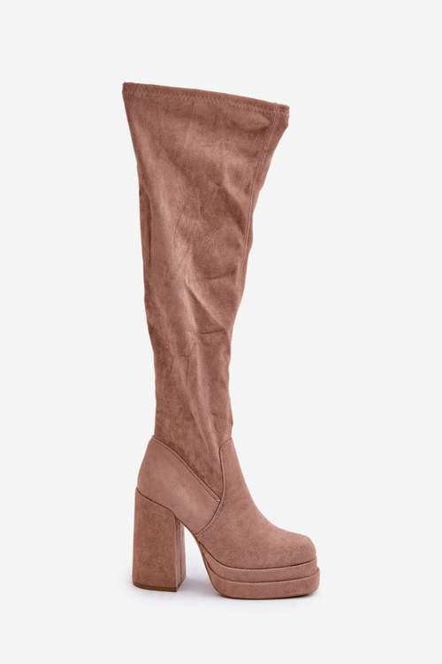 Kozaki Z Cholewką Za Kolano Na Słupku I Platformie Beżowe Nadelian