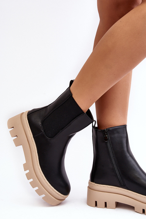 Skórzane Botki Workery Czarno-Beżowe Loretta