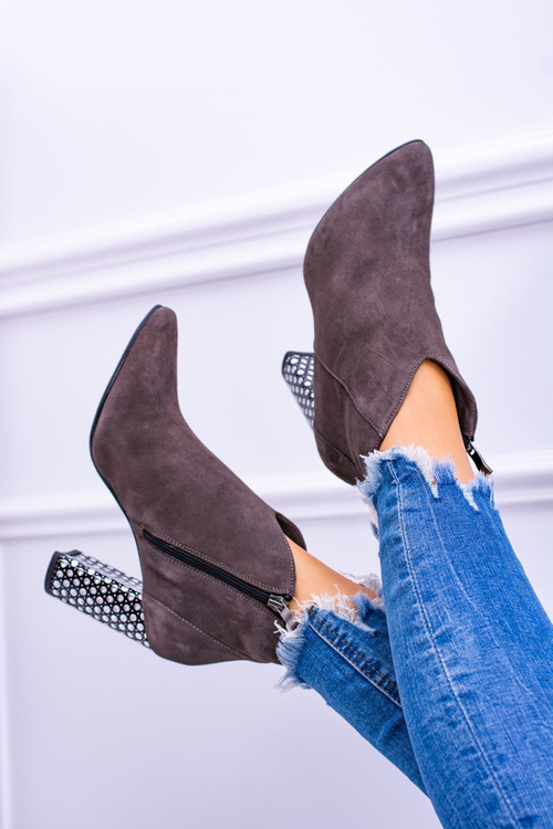 Eleganckie Zamszowe Botki na Słupku Laura Messi Khaki 1849