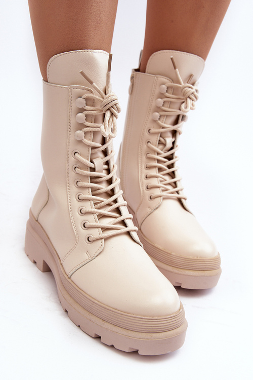 Botki Workery Damskie Ekoskóra Jasnobeżowe Irande