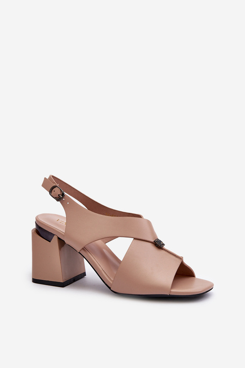 Eleganckie Sandały Damskie Na Obcasie Słupku Eko Skórzane Beżowe Asellesa