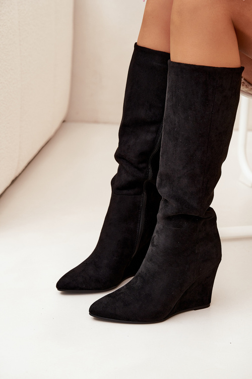 Ocieplane Kozaki Damskie Na Koturnie Czarne Rosina