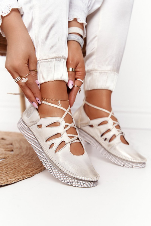 Damskie Skórzane Półbuty Maciejka Beżowo-Złote 04449-25