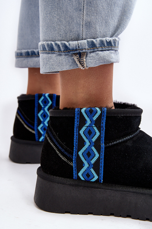 Skórzane Zamszowe Śniegowce Damskie Na Grubej Podeszwie Czarne Vebissat