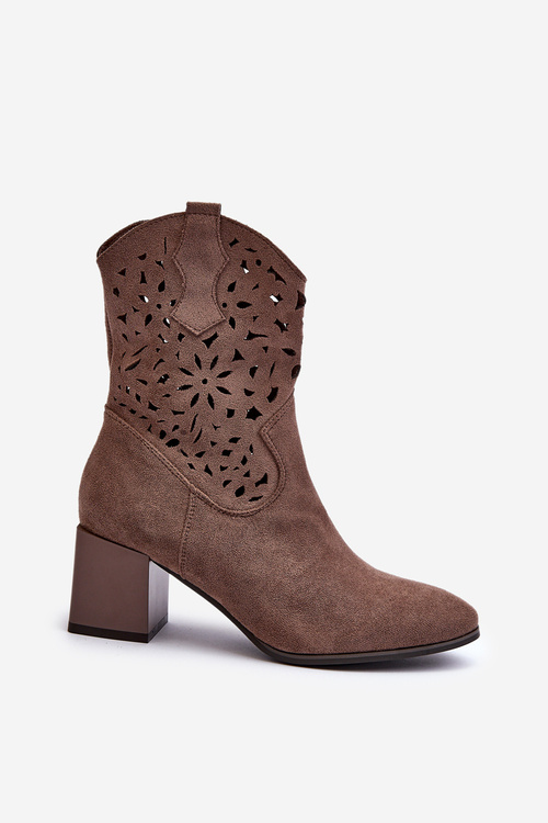 Zamszowe Botki Z Ażurową Cholewką Na Klocku Brązowe Irvelame