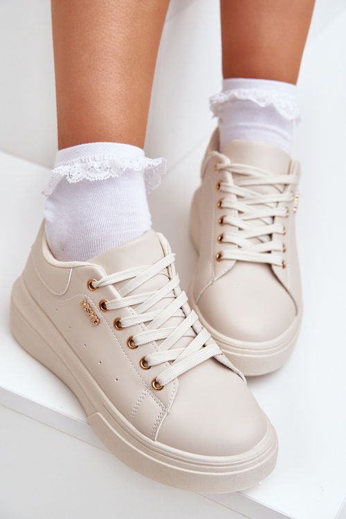 Sneakersy Damskie Na Platformie Eko Skóra Jasnobeżowe Lelandine