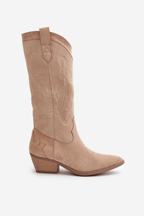Damskie Kozaki Kowbojki Na Niskim Obcasie Z Eko Zamszu Beżowe Ligelia