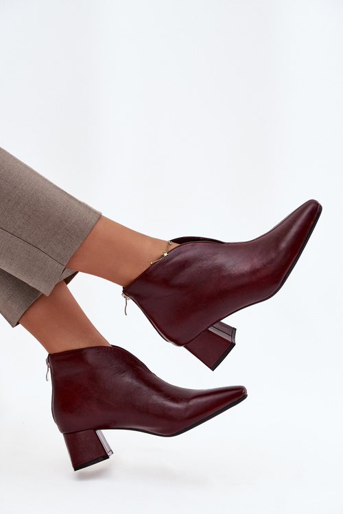 Eko Skórzane Botki Damskie Na Obcasie Bordowe Rylina