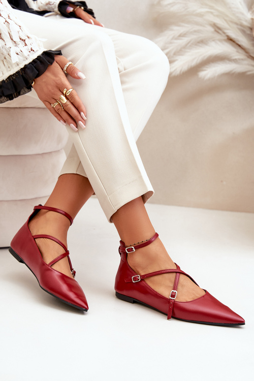 Baleriny Damskie Z Noskami W Szpic I Przeplatającymi Się Paskami Bordowe Violra