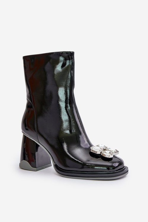 Lakierowane Botki Damskie Na Słupku Z Ozdobą D&A MR880-019 Czarne