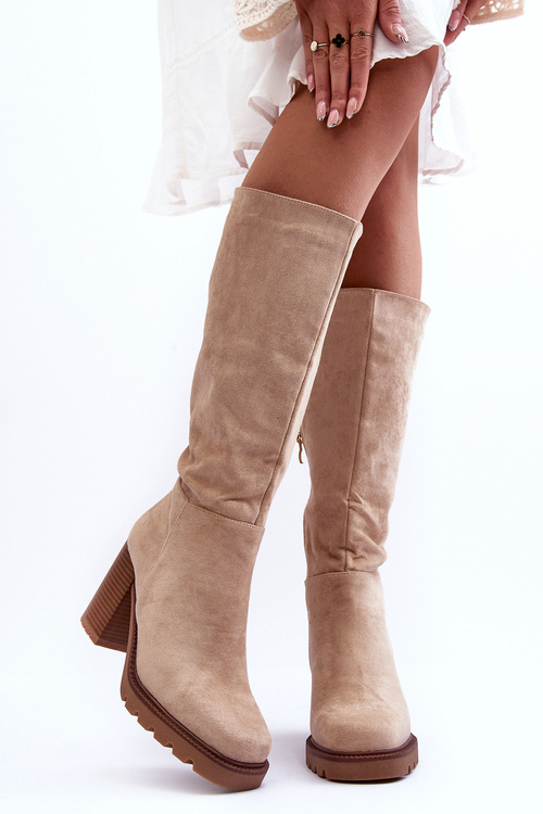 Kozaki Zamszowe Na Masywnym Obcasie Beżowe Virdana