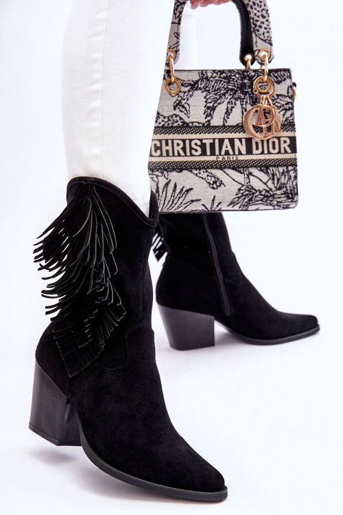 Damskie Niskie Zamszowe Kozaki Kowbojki Czarne Elyse