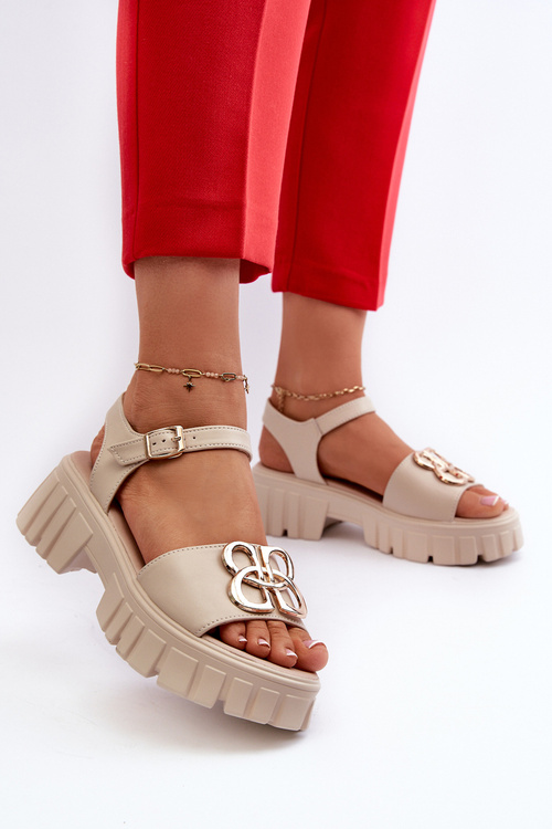 Skórzane Sandały Damskie Ze Złotą Ozdobą Beżowe Vinceza 7910