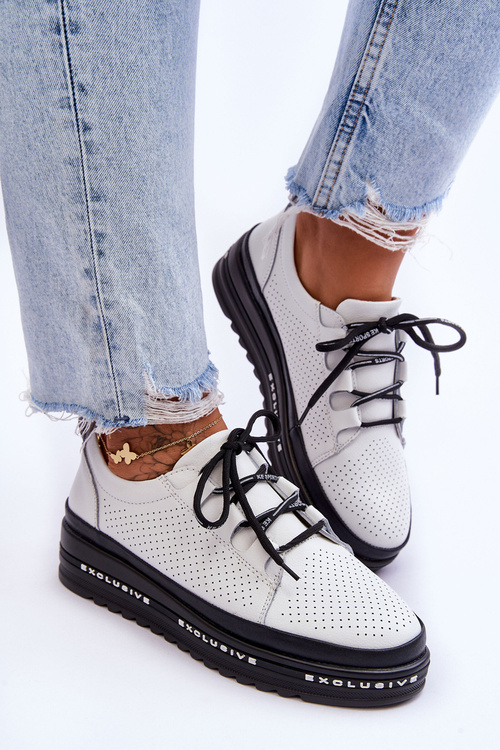 Skórzane Ażurowe Buty Sportowe Białe Leonor