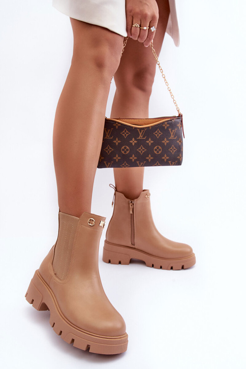 Sztyblety Botki Damskie Skórzane Z Ozdobami Beżowe Lobb