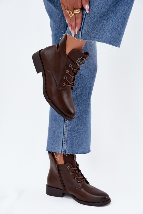 Niskie Botki Damskie Na Płaskim Obcasie Z Ozdobnym Detalem Ocieplane Brązowe Cylira