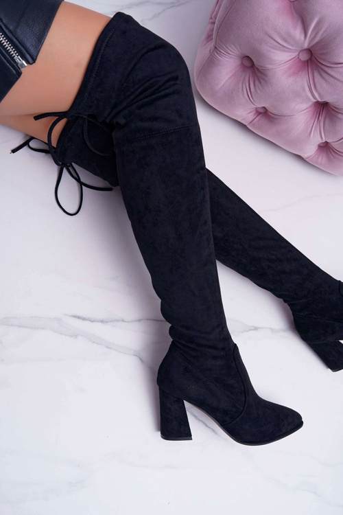 Kozaki Damskie Na Słupku Zamszowe Czarne Bernet