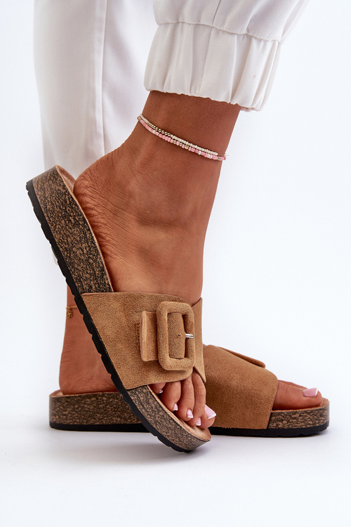 Klapki Damskie Z Klamrą Eko Zamszowe Camel Laeltia