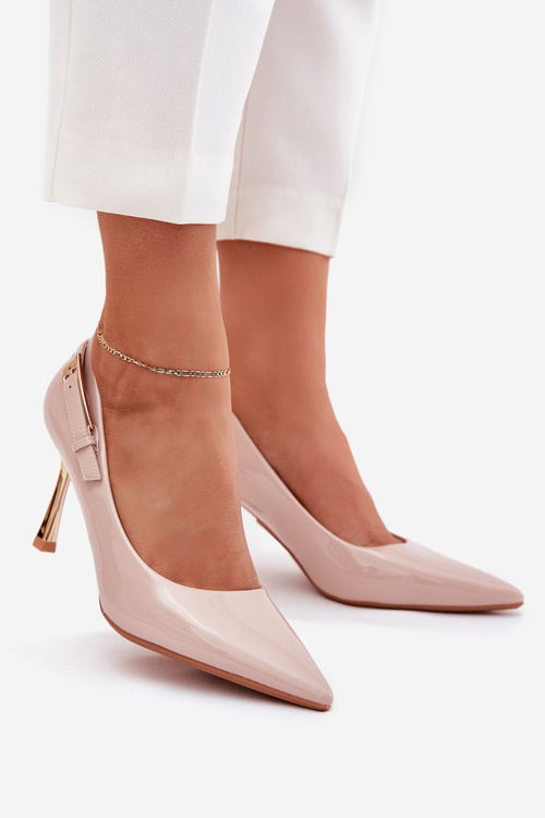 Lakierowane Szpilki Ze Złotą Klamrą Beżowe Mivira