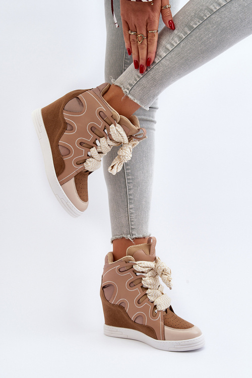 Damskie Sneakersy Na Koturnie Beżowe Leoppa