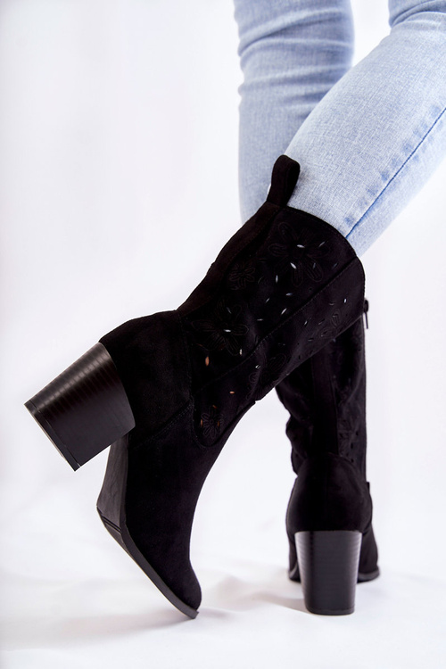 Damskie Zamszowe Botki Kowbojki W Kwiaty Czarne Ariane