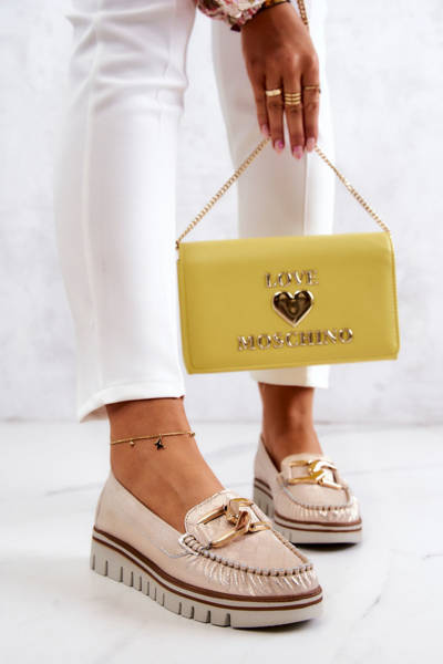 Damskie Skórzane Mokasyny Na Platformie Złote Venesia